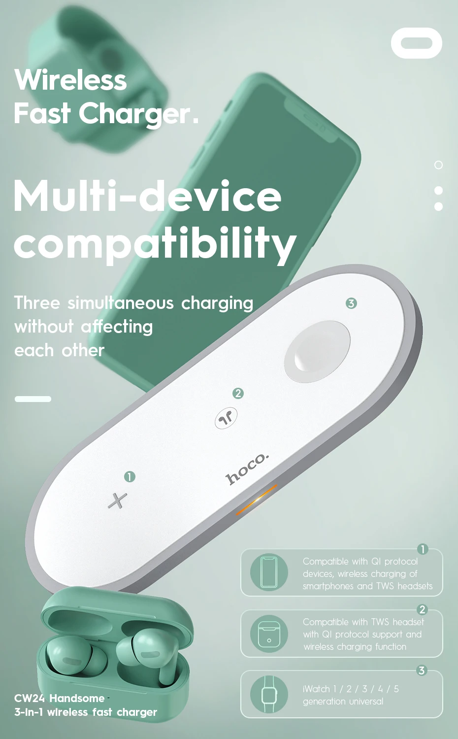 Multifunctional Three in one Wireless Charger Applicable Mobile Phone Watch Headset, 3 in 1 Wireless Charger Pad, QI Fast Charger