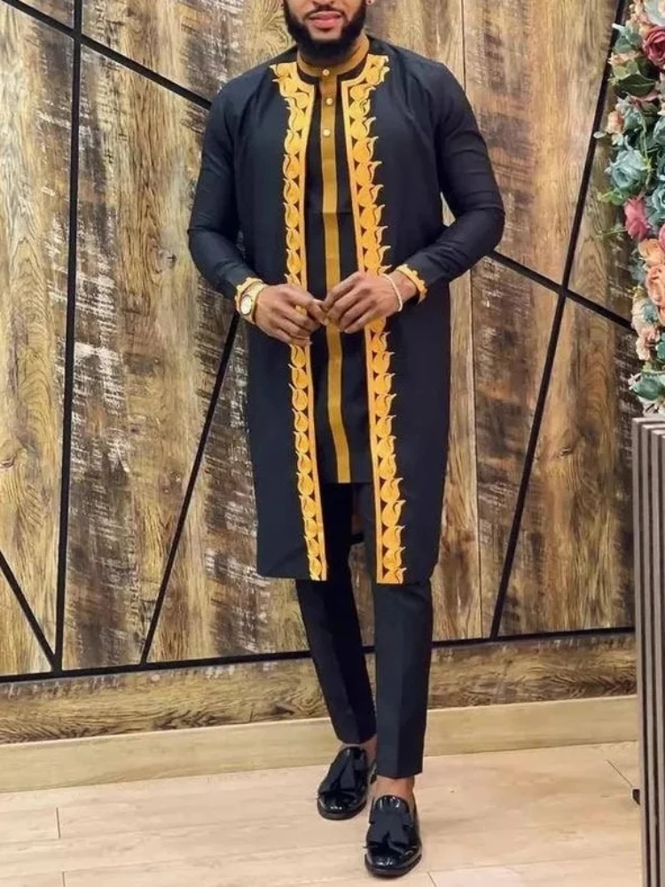 

Men's fashion casual black print three-piece suit
