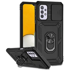 Enhanced Shockproof Armor Case with Slide Lens Cover & Magnetic Car Holder Ring for Samsung A73 5G (Black)