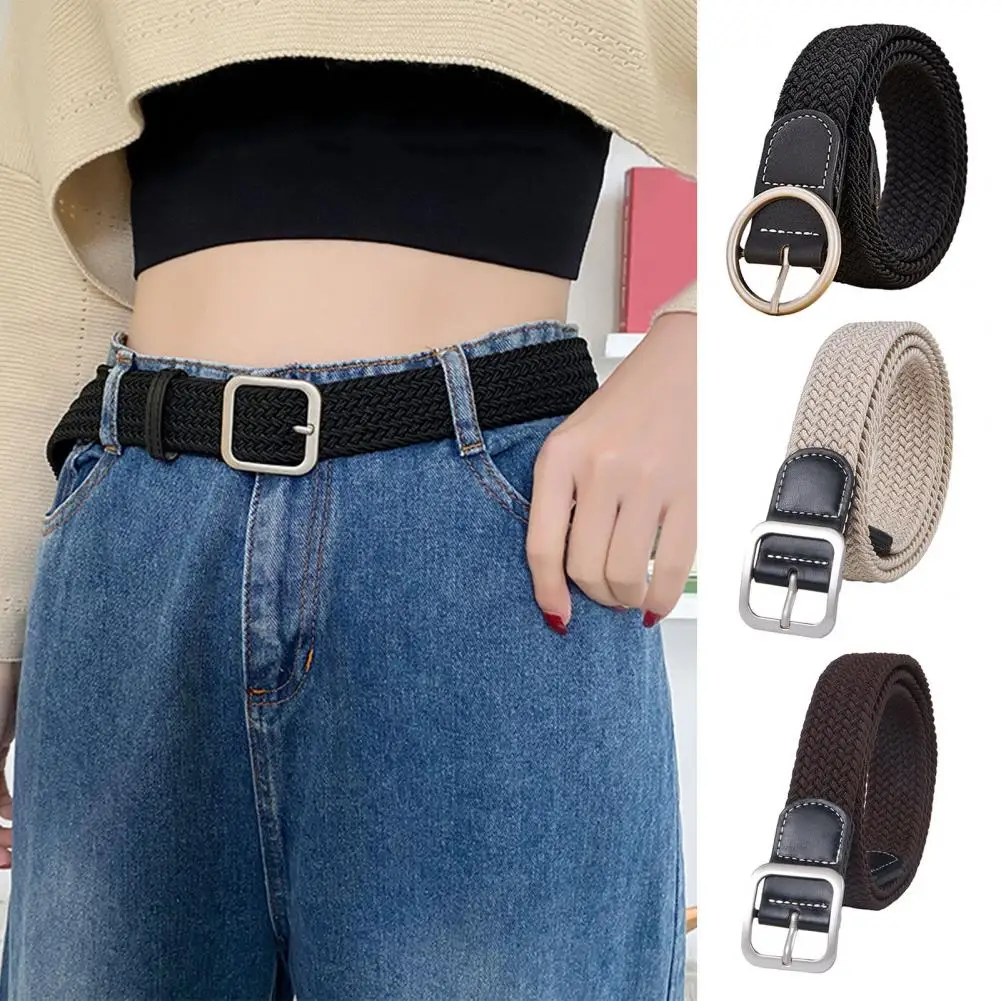 

105cm Canvas Woven Belt For Unisex Round Square Buckle Pin No Holes Jeans Black Belt Luxury Brand Vintage Strap Female Waistband