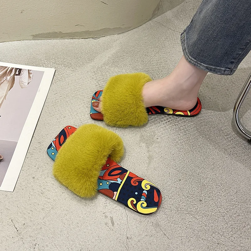 Winter Slippers Women Fashion Fluffy Fur Slipper Home Slides Platform Flat Indoor Floor Flip Flops Women Ladies Shoes 2023