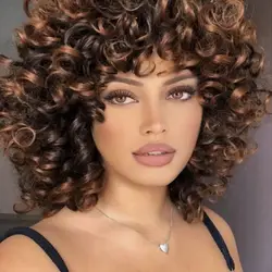 Ombre Brown Short Curly Wig with Bangs - Soft, Loose Synthetic Fiber Hair - 12inches (Ombre Brown)