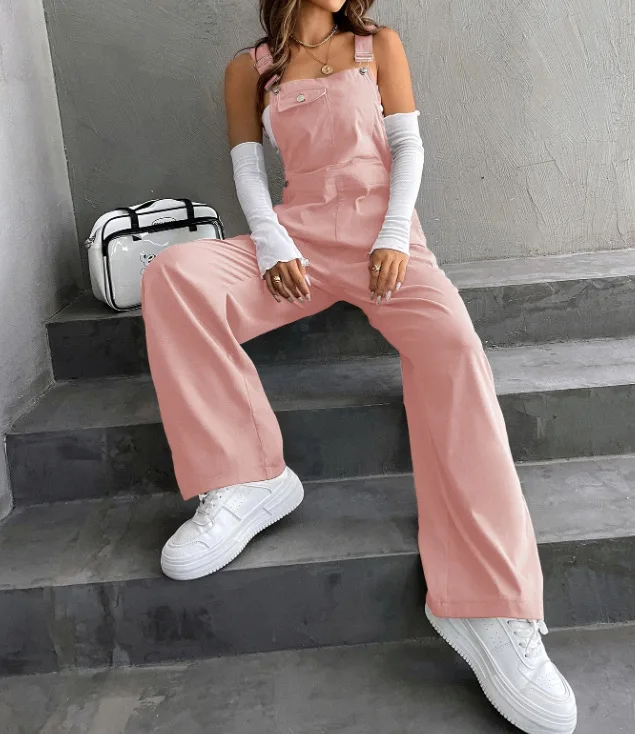 Retro Pocket Solid Color Straight Leg Utility Overalls Loose Fashion Casual Pants