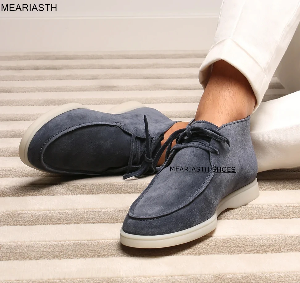 

2023 Autumn Man boots Kid Real Suede leather High Top Loafers Casual Flat Shoes Lace Up Round Toe Lace-up Lazy Shoes female