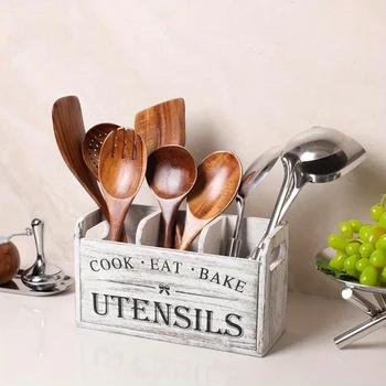 Portautensili da cucina con 3 scomparti Organizzatore di utensili in legno per piano di lavoro della cucina Decorazioni per la cucina Utensili da cucina 1