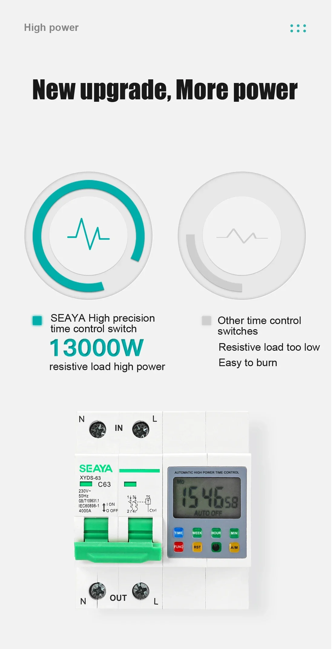 Description Picture 5 of itemSEAYA Switch 63A Din Rail 220V With Ac Contactor 3IN1 Circuit Breaker Time Control Suitable For High-Power Electrical Appliances