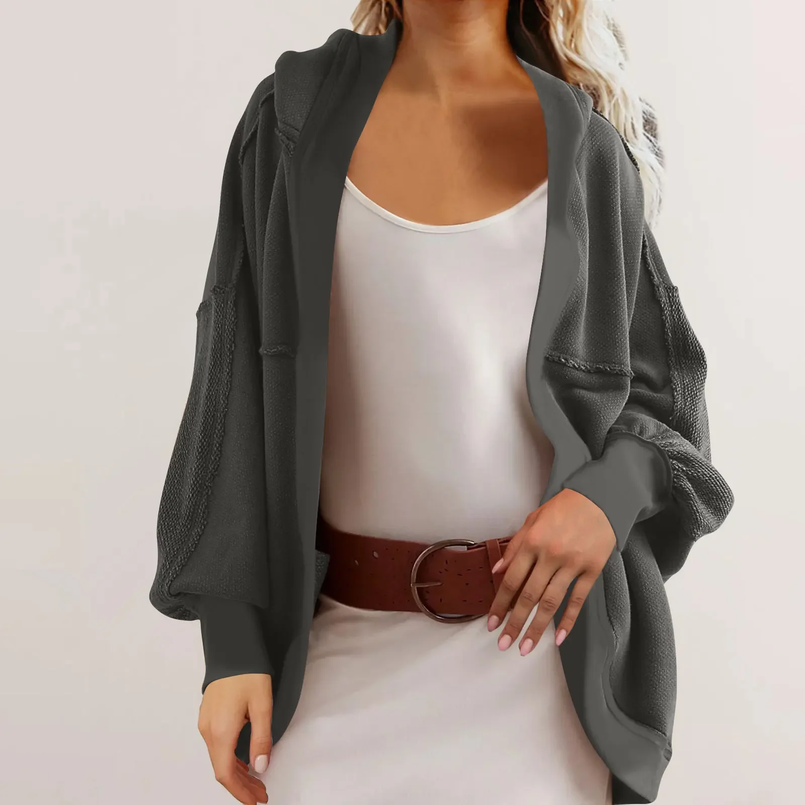 Women's Hoodies Autumn and Winter Jacket Hooded Temperament Commuting Loose Back Splicing Casual Cardigan Sweater 3