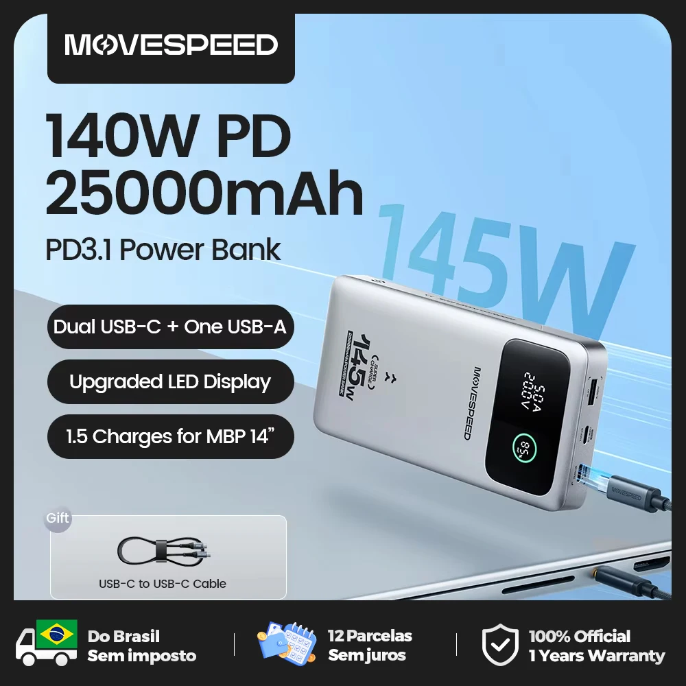 Movespeed m25 pro 140w power bank 25000mah tipo c carregamento rápido bateria de grande capacidade 100w powerbank para macbook lenovo portátil