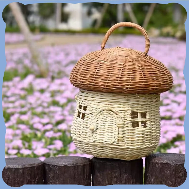 

Rattan Mushroom Basket Hand Woven Storage Baskets Bag Beach Straw Storage Bags Kids Organizer Box Vacation Picnic Basket