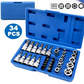 34Pcs Torx Star Sockets & Bit Set Male / Female E- Security Bits Drive Handheld Tool Torque Star Socket with Blue Case 1