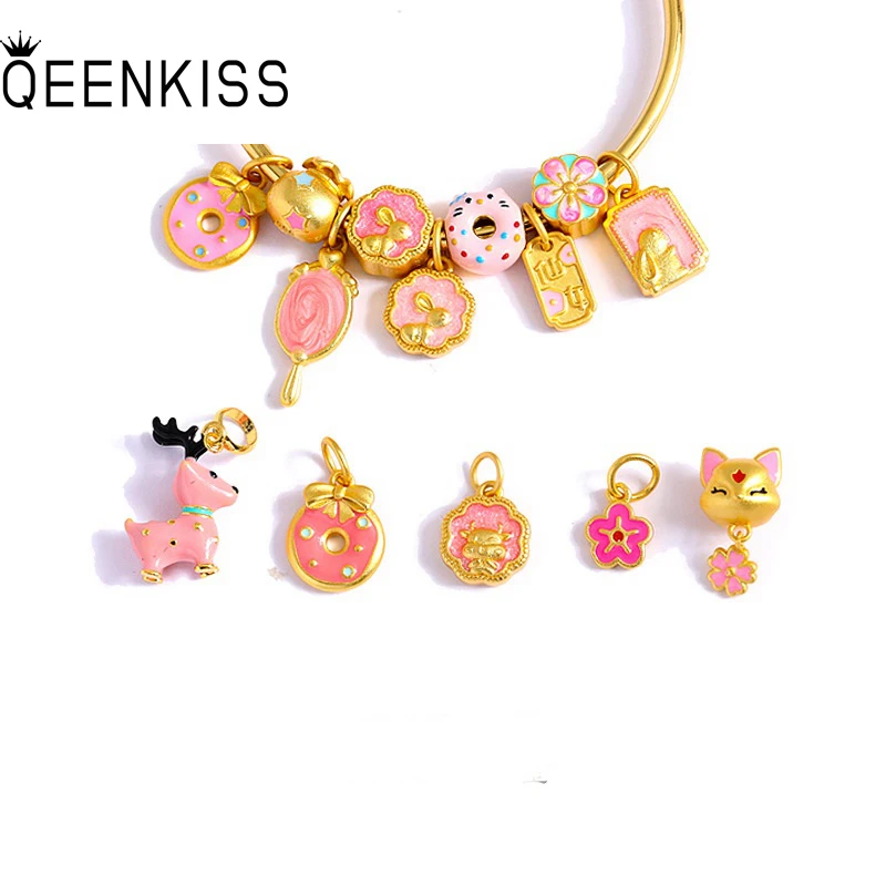 

QEENKISS 24KT Gold Deer Donut Fox Flower Bead Charm For DIY Bracelet Making For Girl Children Jewelry Accessories WholesaleAC546