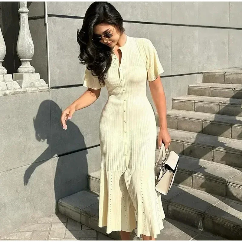 Knit Solid Women's Dress Short Sleeve O Neck Lady Dresses 2025 Elegant Summer Single Breasted Hip Package High Waist Female Rube