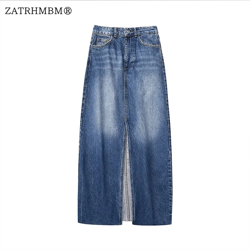 

ZATRHMBM Women 2023 Autumn Fashion Casual Denim Midi Skirt Vintage Side Pockets Zip Fly High-Waisted Female Skirts Mujer