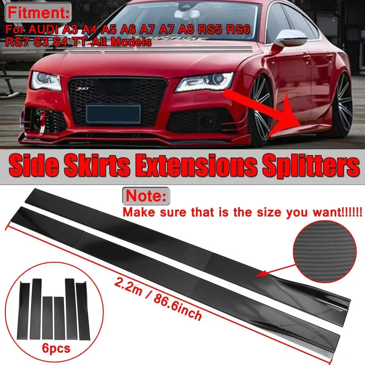 Nuovo 6X 2M/2.2M Universale Auto Gonna Laterale Estensione Splitter Grembiule Per Audi A3 A4 A5 A6 A7 A7 A8 Q3 Q5 Q7 Rs5 Rs6 Rs7 S3 Body Kit