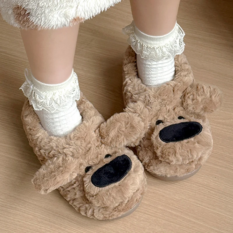 Funny Big Nose Dog Cotton Slippers for Women Comfortable Soft Sole Winter Fluffy Slippers Woman Indoor Non Slip Warm Slides