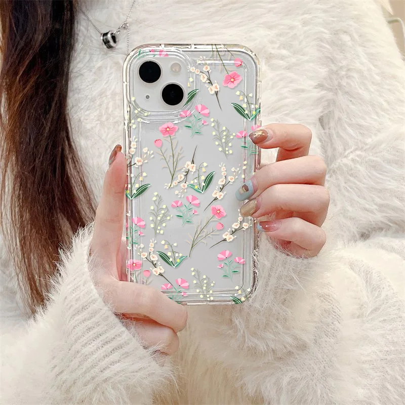 Clear Phone Cases For iPhone 13 Case iPhone 15 16 Pro Max 12 11 14 XR X Xs Max 7 8 Plus SE 2022 2020 Pink Flower Soft TPU Cover