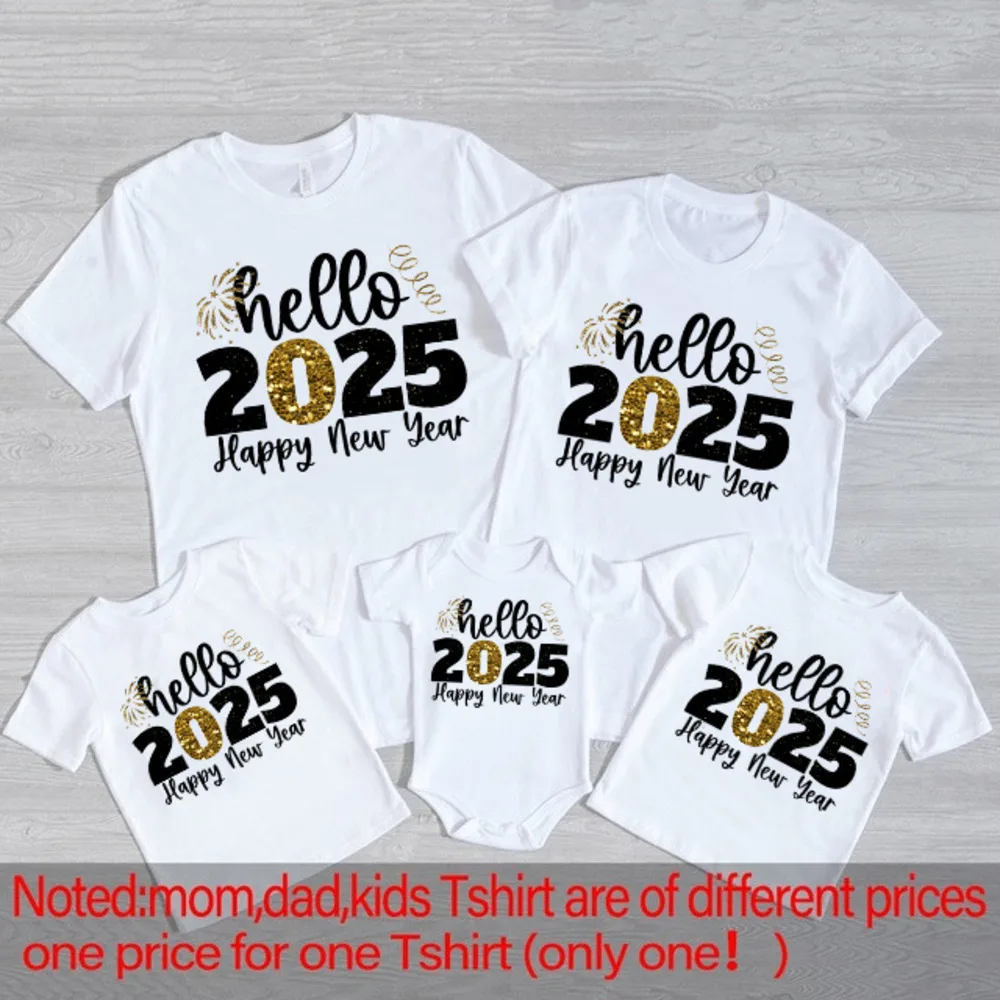 Hola 2025 Feliz Año Nuevo Conjuntos familiares a juego Camisa para papá, mamá, niños, mono de bebé, camiseta familiar, fiesta navideña, ropa familiar