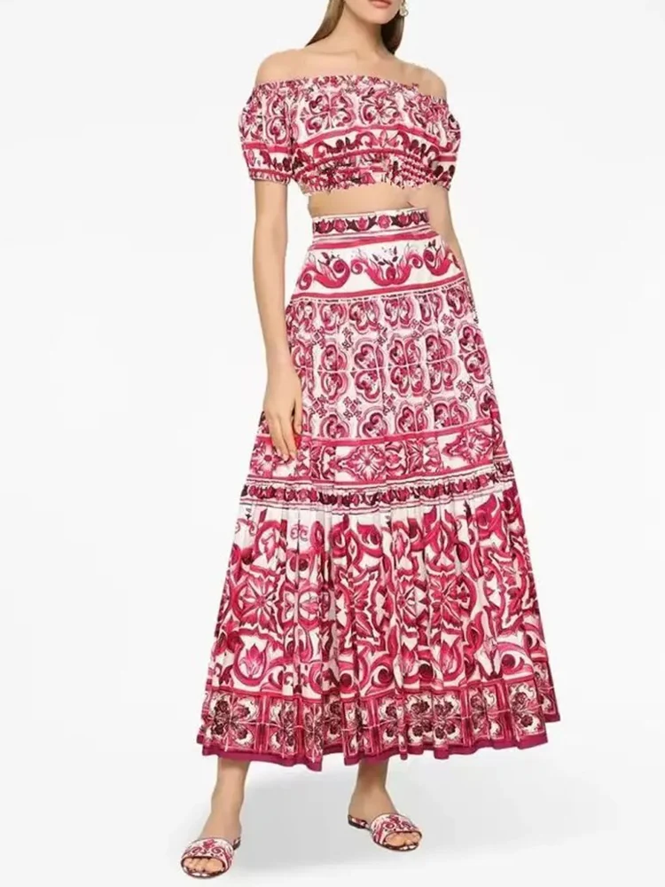 

Летом новый дизайнерский красный, синий и белый фарфоровый принт, короткая блузка + Высокая талия и большая юбка, модный костюм из двух предметов.