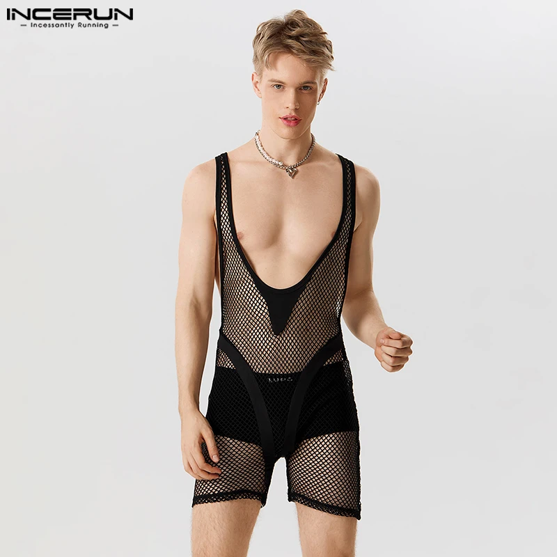 Stylish Hot Sale Men's Homewear INCERUN V-neck See-through Mesh Jumpsuit Sexy Fashion Male Thin Sleeveless Bodysuits S-5XL 2023