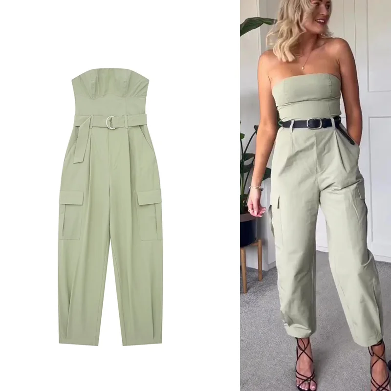 

Casual Boho Sleeveless Wrapped Chest Playsuits Lady Summer Pants 2023 Sexy Strapless Big Pocket Backeless Jumpsuits for Women