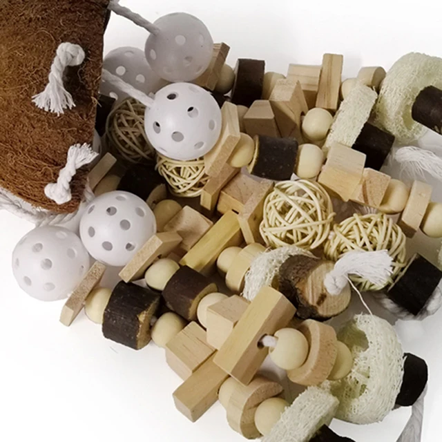 Hanging Wooden Blocks String Tearing Health Bird Parrot Cage Chewing Accessories Grinding Wooden Rest Holder Toy Pet Supplies 5