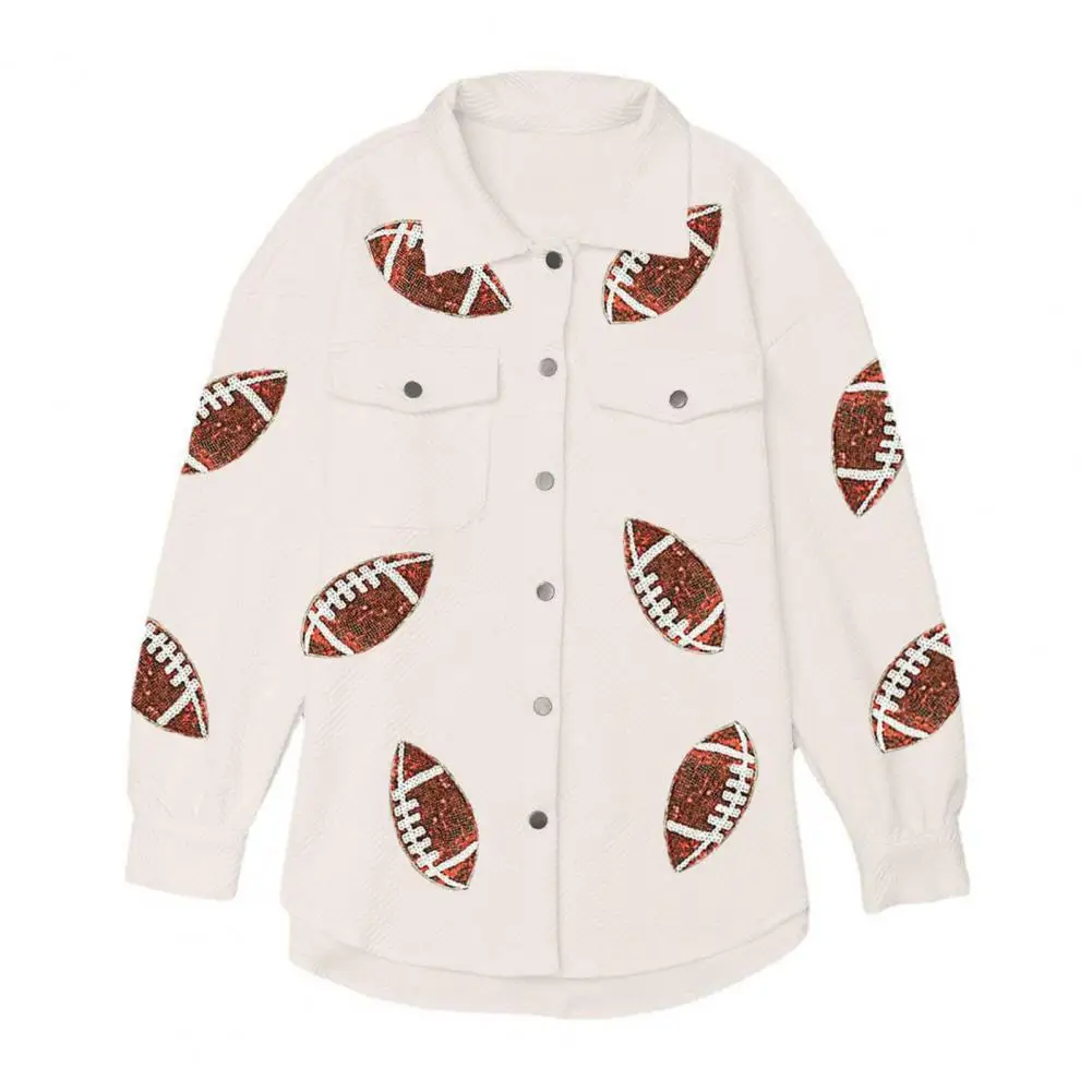 Rugby Design Jacket Sequin Rugby Ball Pattern Women's Spring Coat with Turn-down Collar Patch Pockets Mid Length Loose for A