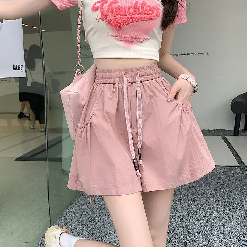 Japanese Sweet Summer Women's 2024 New Patchwork Pocket Drawstring Fashion Solid Color Comfortable All-match Casual Shorts
