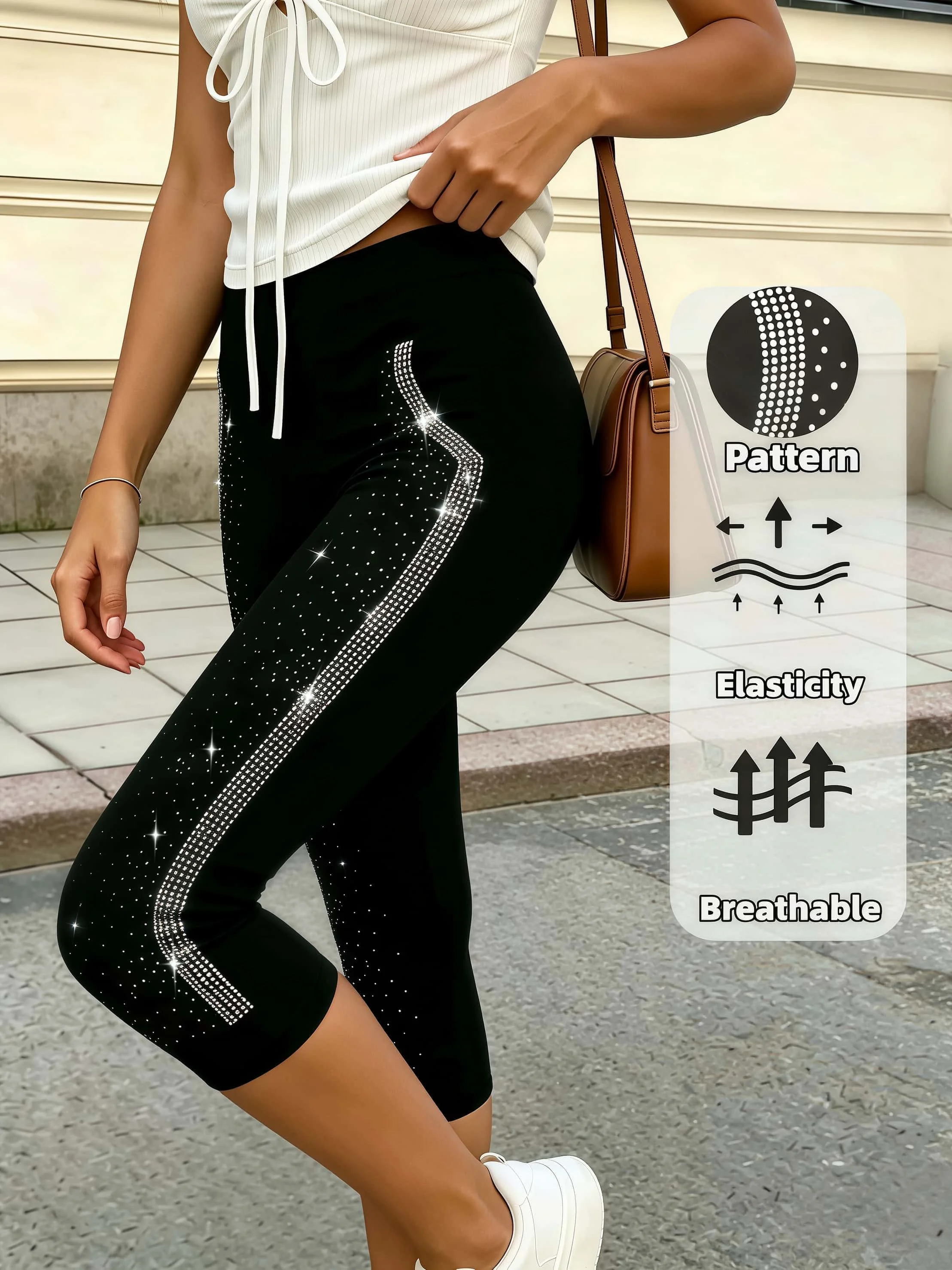 Damen Schwarze Hochgeschnittene Capri-Leggings mit Gebogenen Seitenrhinestones, Dehnbare Slim-Fit Cropped Leggings für Casual-Anlässe