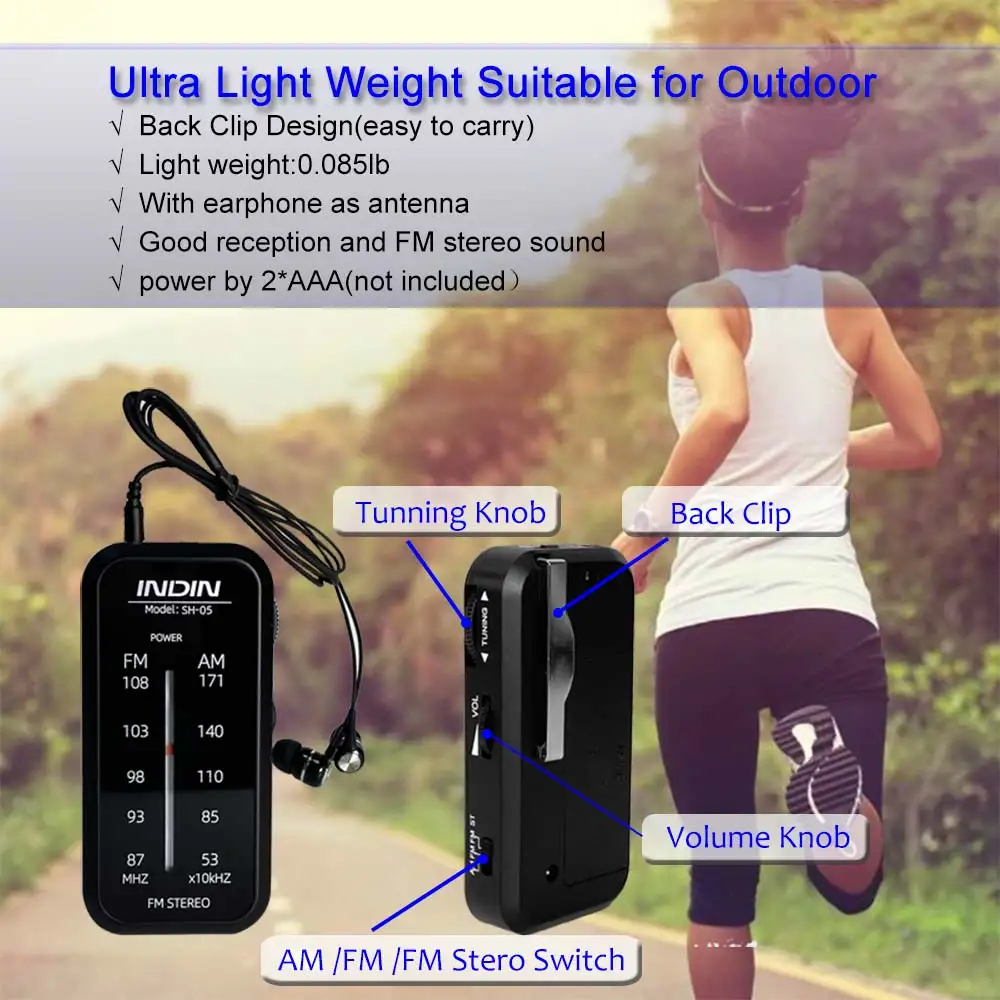 Portable Radio AM FM,Small Pocket Radios,Stereo Sound with Earphones,2 AAA Battery Operated for Indoor,Outdoor Walking,Jogging - 5