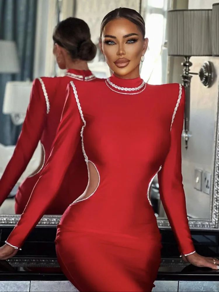 Donna Inverno Sexy Dolcevita Manica Lunga Elegante Cut Out Party Stage Performance Celebrity Midi Bodycon Bandage Dress Red