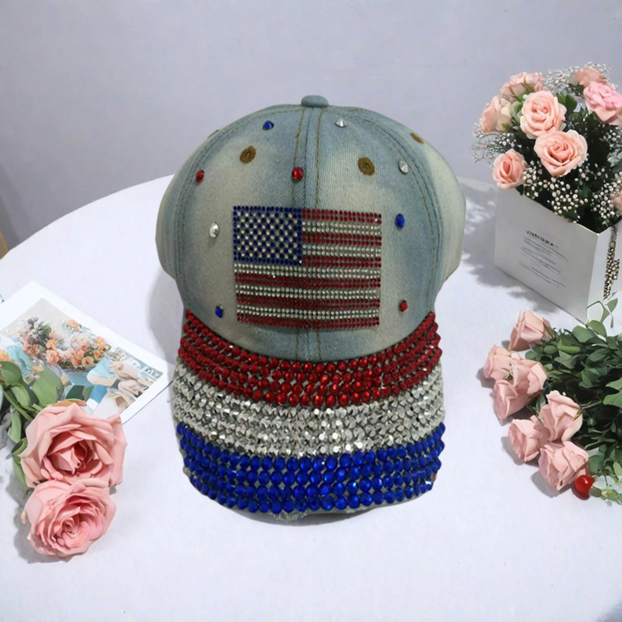 American Flag Embroidered Patriotic Baseball Cap for Women with Rhinestone Detail and Sun Protection