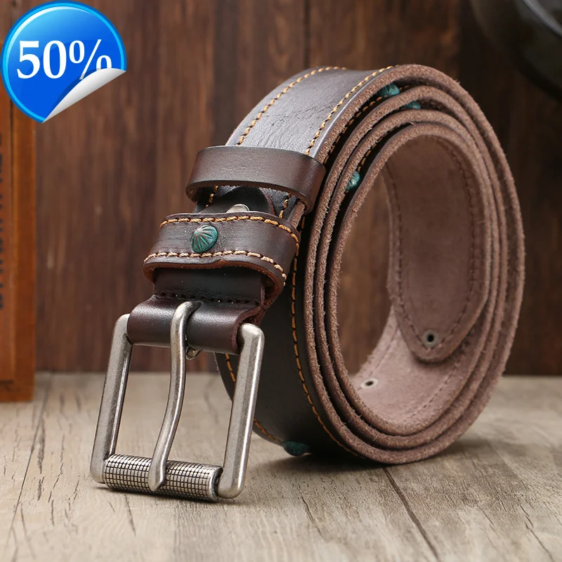 

3.8CM Rivet Retro Men's Belt Top Layer Genuine Leather Pin Buckle Male Hand-sewn Cowskin Luxury Quality Designer Men