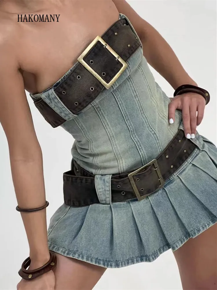 

2023 Women Low Waist Spliced Ruched Pleated Hem Party Robe Sexy Corset Style Double Belt Chest Denim Mini Strapless Dress