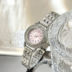 Silver Retro Carved Dial Watch with Polished Stainless Steel Strap (Silver pink)