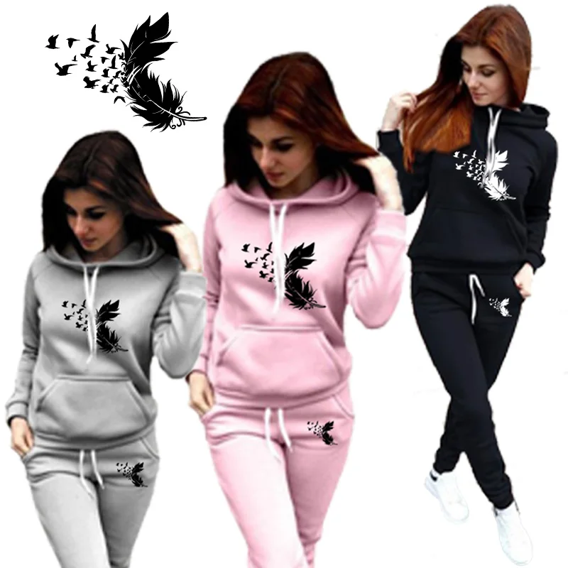 Autumn And Winter Womens Tracksuits Fashion Sets Outfits Jogging Suits Sports Wear Fashion Hoodie Set feather print Track suits men s sets pure cotton oversized hoodie streetwear loose jogging track suit hot diamond shiny sweatshirt and sweatpants