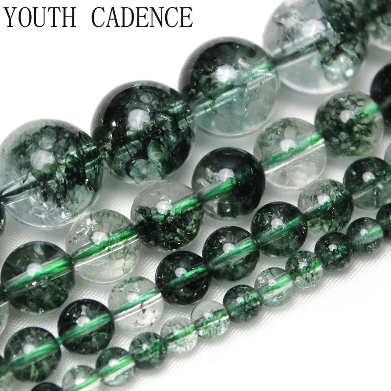 

Natural Green Crackle Phantom Ghost Crystal Round Loose Beads 15" Strand 4 6 8 10 12MM Pick Size For Jewelry Making DIY