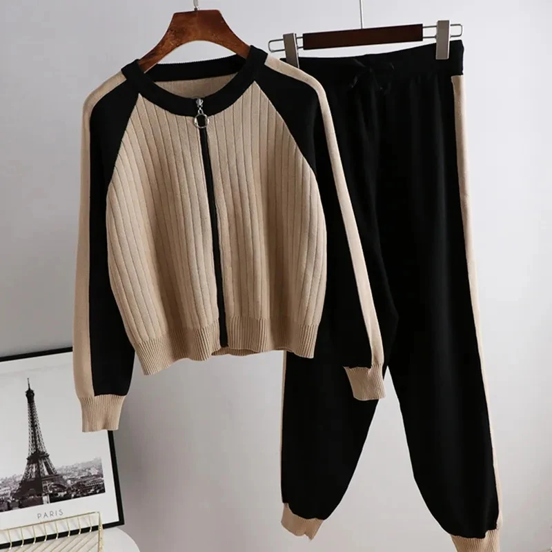 Fashion Patchwork Women Sweater 2 Piece Sets Korean Zipper Chic Sueter Tops Conjuntos Casual Mom Jogger Knitwear Pants Ensembles
