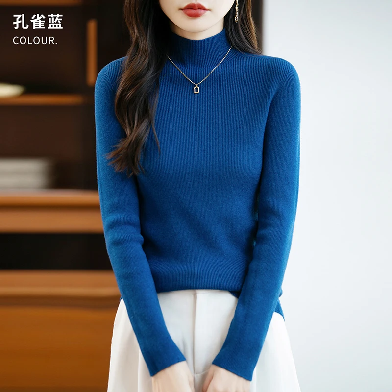 Autumn Winter Semi High Neck Women's New Wool Knitted Sweater, Tight Fitting, High Elasticity, Versatile Long Sleeved Top Korean 4