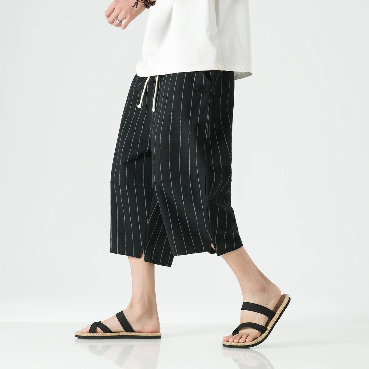 

Брюки-султанки мужские в стиле Харадзюку, хлопково-льняные джоггеры, винтажные брюки в полоску длиной до щиколотки, уличная одежда, свободные штаны, 5XL, на лето