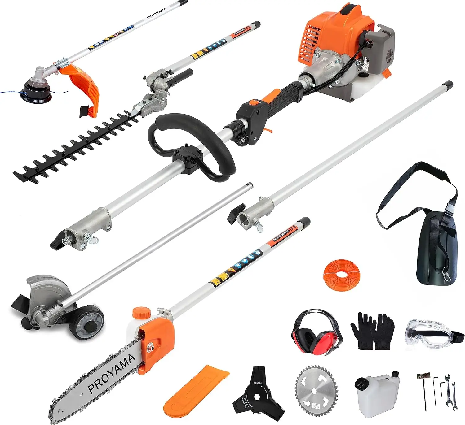 26cc 6 in 1 Multi Functional Trimming Tools, Gas Hedge Trimmer, Weed Eater, String Trimmer, Brush Cutter, Edger