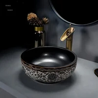 Retro Bathroom Sinks European Ceramic Home Bathroom Washbasins Countertop Basin Small Size 35cm Washing Sink Round Single Sink D 2
