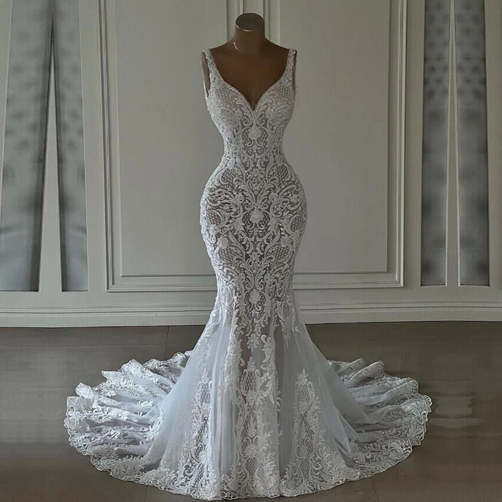 Trendy Plus Size V-neck Mermaid Wedding Gown TWA261