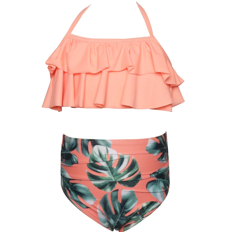 Green Leaf Print Bikini Sets For Toddler Girls and Girls Kids Children Swimsuits Swim Bathing Suits 2-14 Years