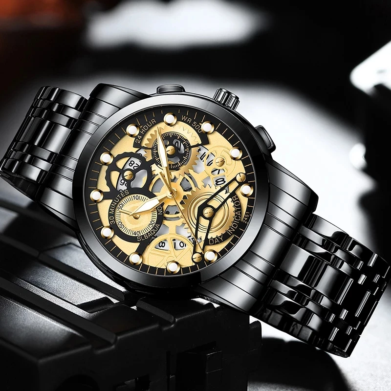 Men's Business Watch Skeleton Design Fashion Mechanical Style Stainless Steel Quartz Movement Calendar Waterproof Men WristWatch