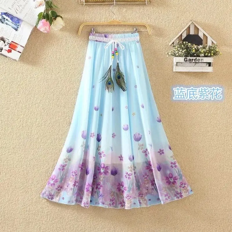 

Fashion Retro Floral Chiffon Long Skirt Women Summer High Waist Beach Casual Midi Skirts Boho Elegant Vacation Skirt Faldas