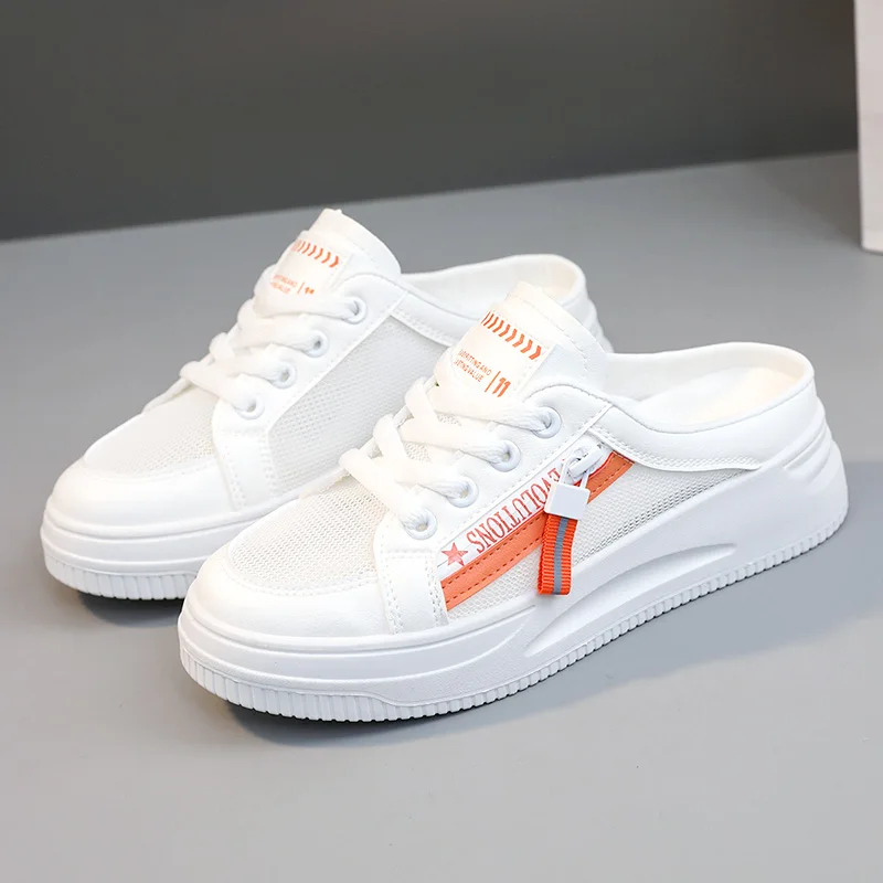 

New Women Half Slippers Mesh Surface Hollowed Summer Versatile Casual Outdoor Walking Shoes Fashion White Closed Toe Slippers