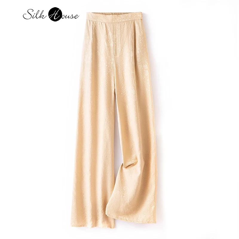 2024 Spring New 100%Natural Mulberry Silk Casual Loose and Artistic Perforated High Waist Champagne Wide Leg Pants for Women