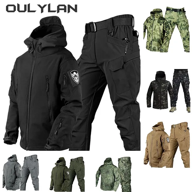 Outdoor Shark Skin Warmth Jackets Pants Set Men Tactical Camo Autumn Winter Thickened Coat Soft Shell Large Size Jacket 1