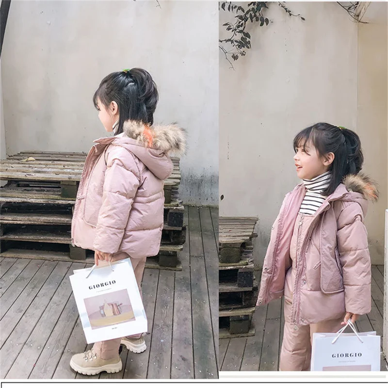 2 Pcs Kids Parka Snow Wear Outfits Boys Girls Hooded Jackets Overalls-30℃ Winter Down Suit 2-6 Years