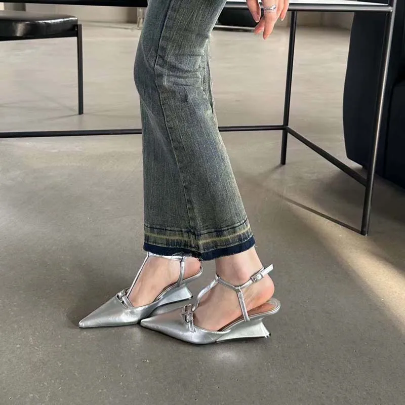

White High Heels Black Pointed Toe Slingback Ladies Wedges pumps Summer T Belt Low Heel Silver Dress Shoes For Women